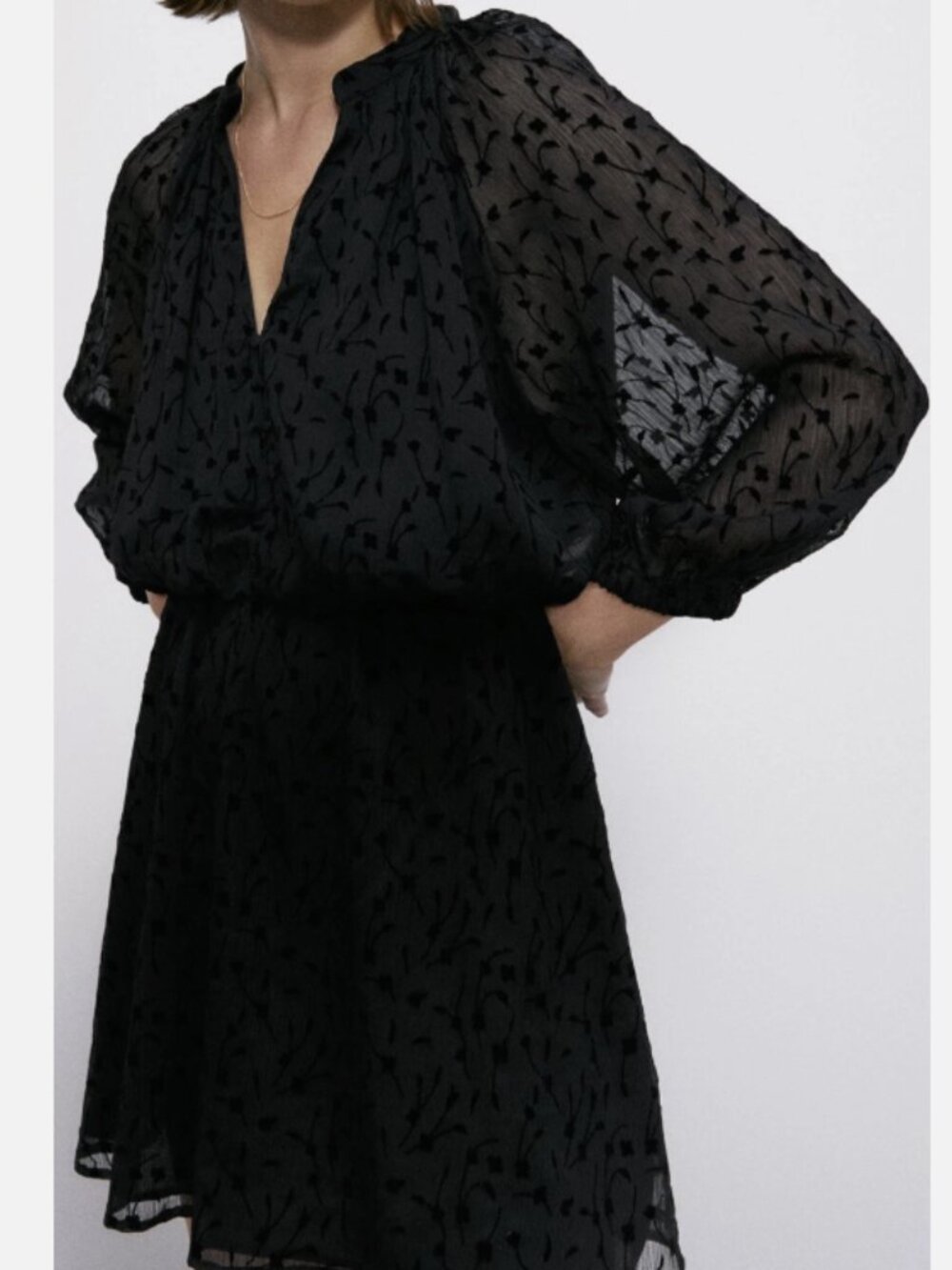 NWT Zara Black Flocked Floral Mini Dress Sheer Puff Sleeve XS